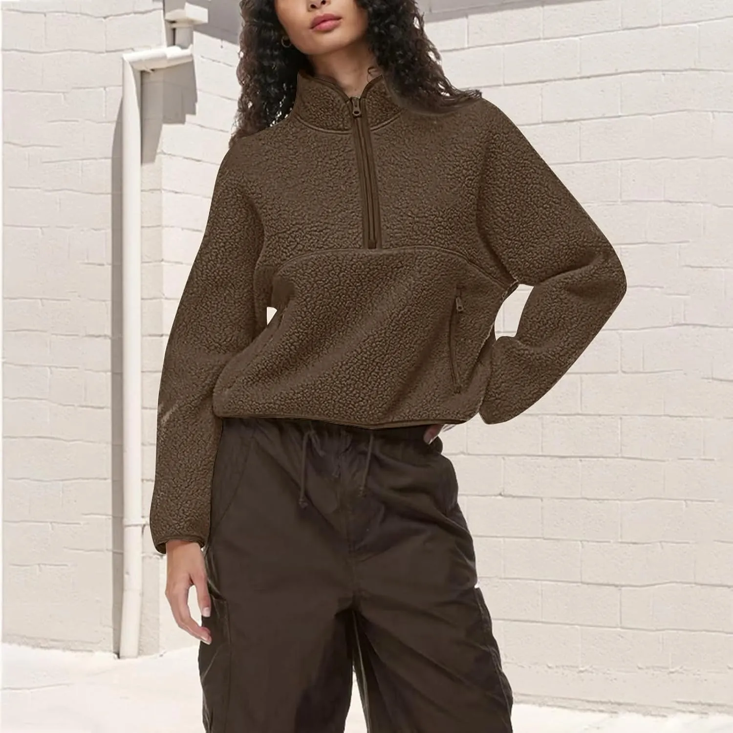 Womens Half Zip Pullover Cropped Sweatshirt Sherpa Fleece Jacket Fuzzy Sweater Winter Jackets with Zipper Pockets