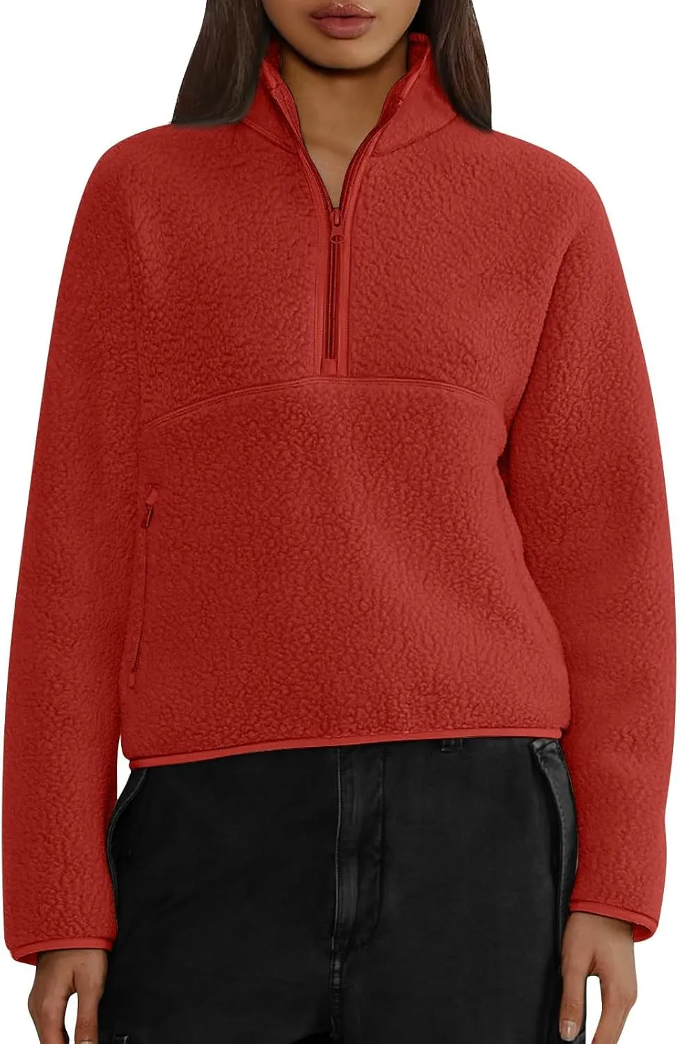 Womens Half Zip Pullover Cropped Sweatshirt Sherpa Fleece Jacket Fuzzy Sweater Winter Jackets with Zipper Pockets