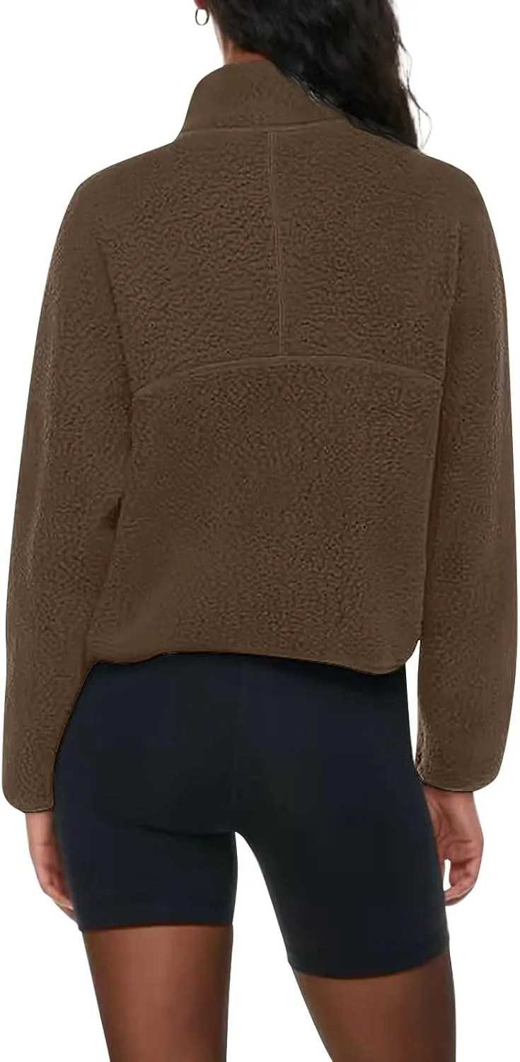 Womens Half Zip Pullover Cropped Sweatshirt Sherpa Fleece Jacket Fuzzy Sweater Winter Jackets with Zipper Pockets