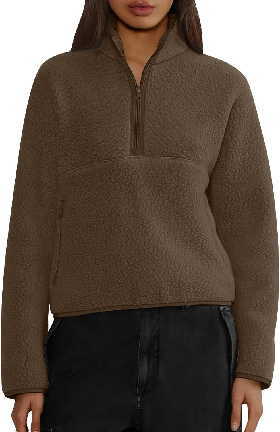 Womens Half Zip Pullover Cropped Sweatshirt Sherpa Fleece Jacket Fuzzy Sweater Winter Jackets with Zipper Pockets