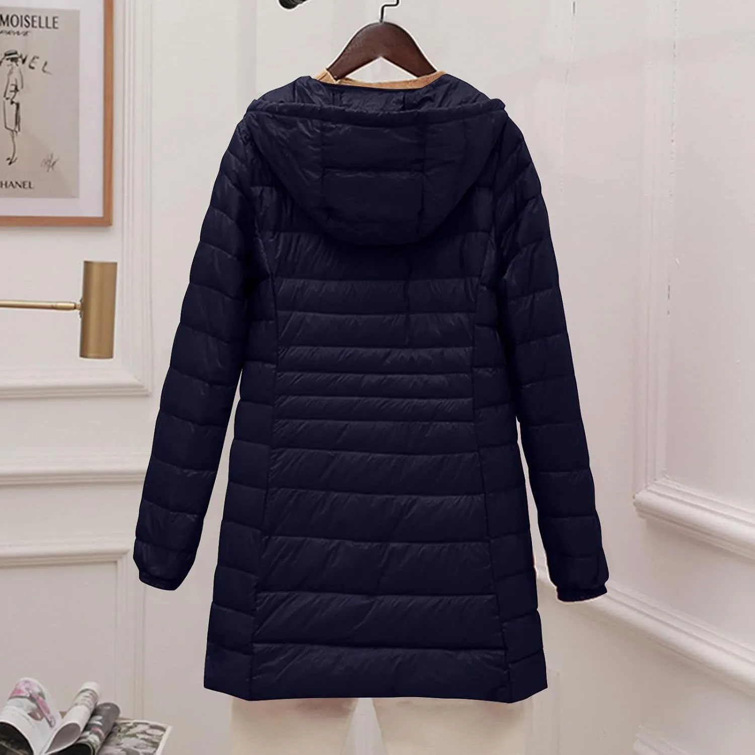 Womens Lightweight Long Puffer Jacket Winter Warm Packable Down Coat Oversized Zip Up Long Sleeve Outerwear with Hood