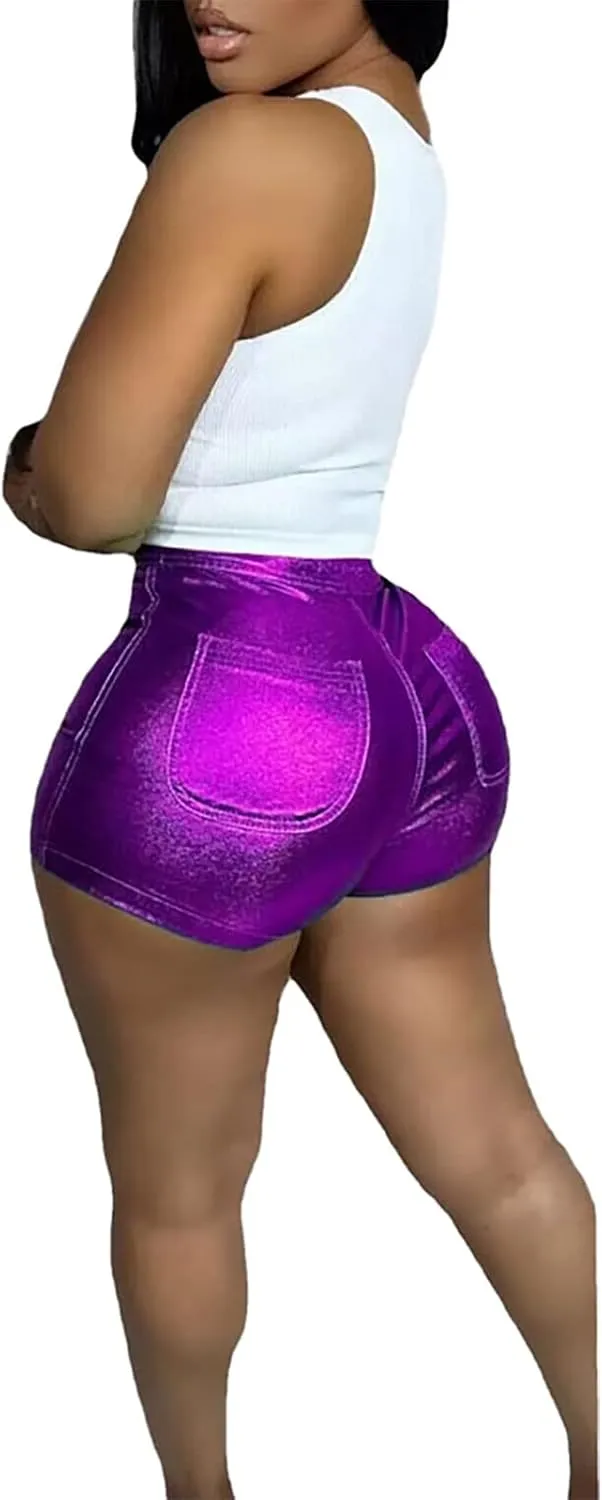 Women's Metallic Rave Shorts Sparkly Shiny Faux Leather Sexy High Waisted Bottoms Dance Concert Sexy Short Hot Pants