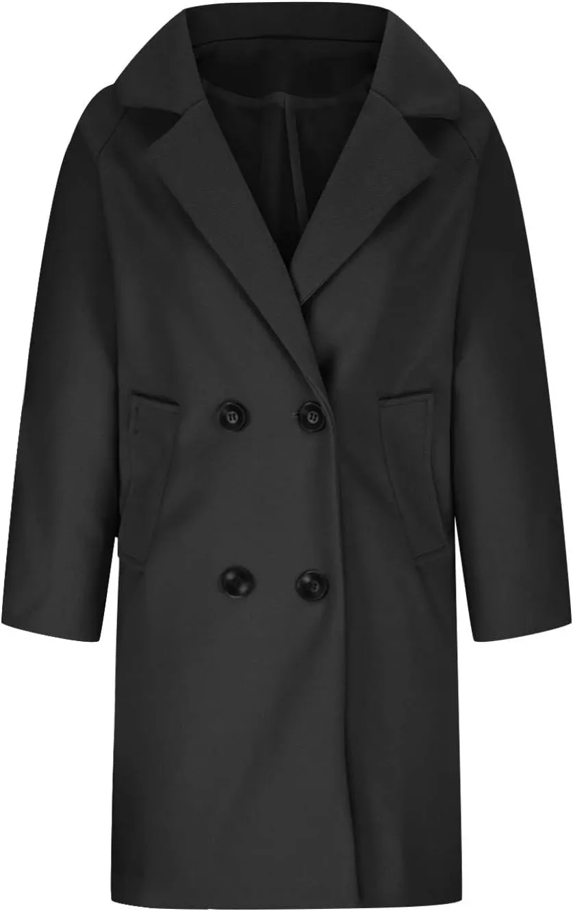 Women's Notch Lapel Double Breasted Wool Blend Mid-Length Trench Coat Winter Warm Overcoat Jacket Pea Coats with Pockets