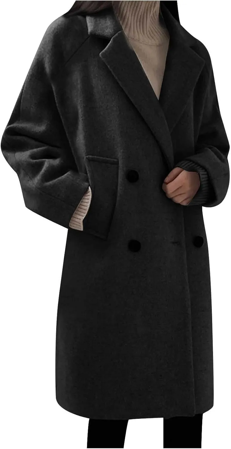 Women's Notch Lapel Double Breasted Wool Blend Mid-Length Trench Coat Winter Warm Overcoat Jacket Pea Coats with Pockets