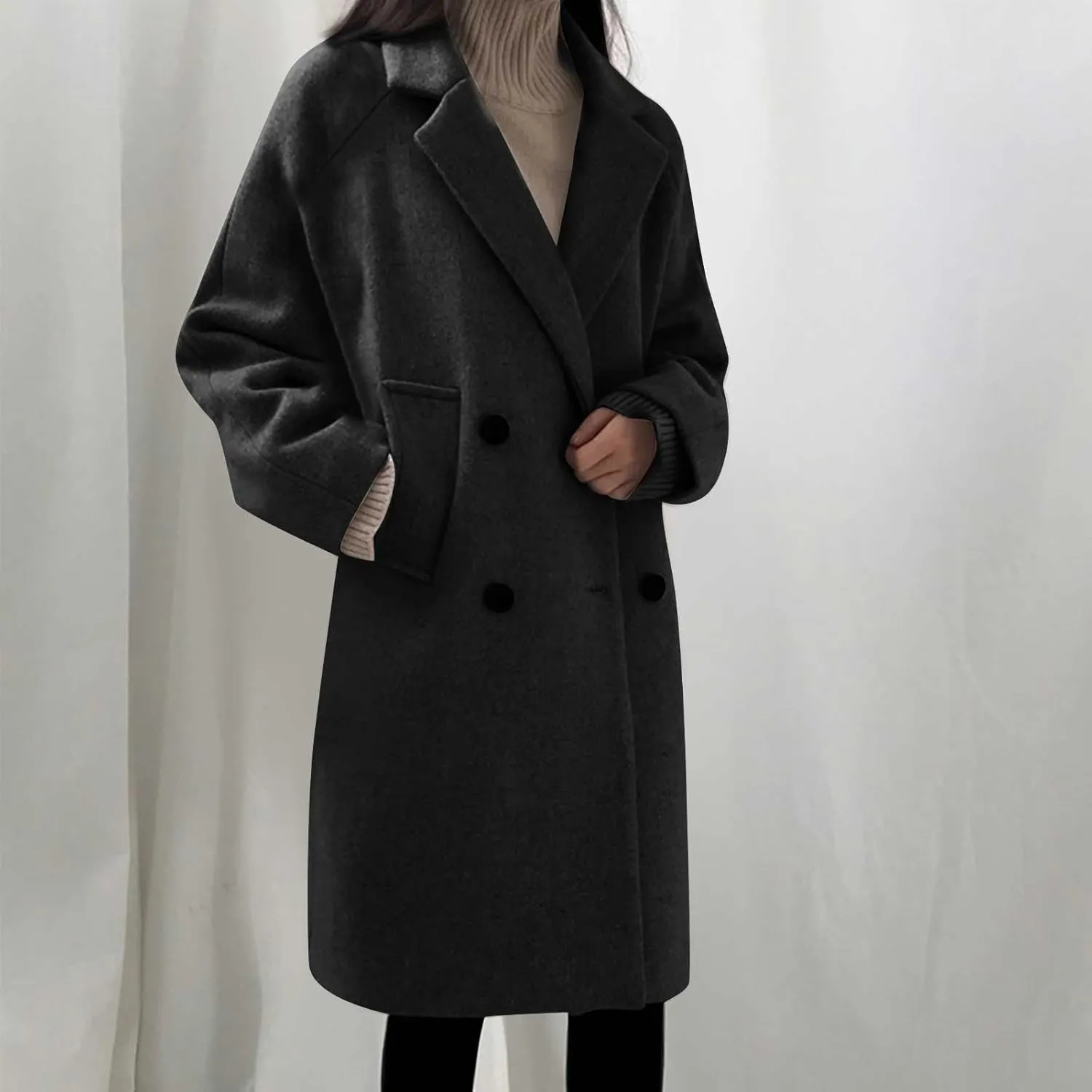 Women's Notch Lapel Double Breasted Wool Blend Mid-Length Trench Coat Winter Warm Overcoat Jacket Pea Coats with Pockets