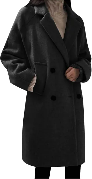 Women's Notch Lapel Double Breasted Wool Blend Mid-Length Trench Coat Winter Warm Overcoat Jacket Pea Coats with Pockets
