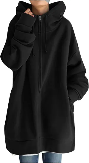 Women's Oversized Long Hoodies Jacket Casual Zip Up Cowl Neck Sweatshirts Pullover Coat Drawstring Tops with Pockets
