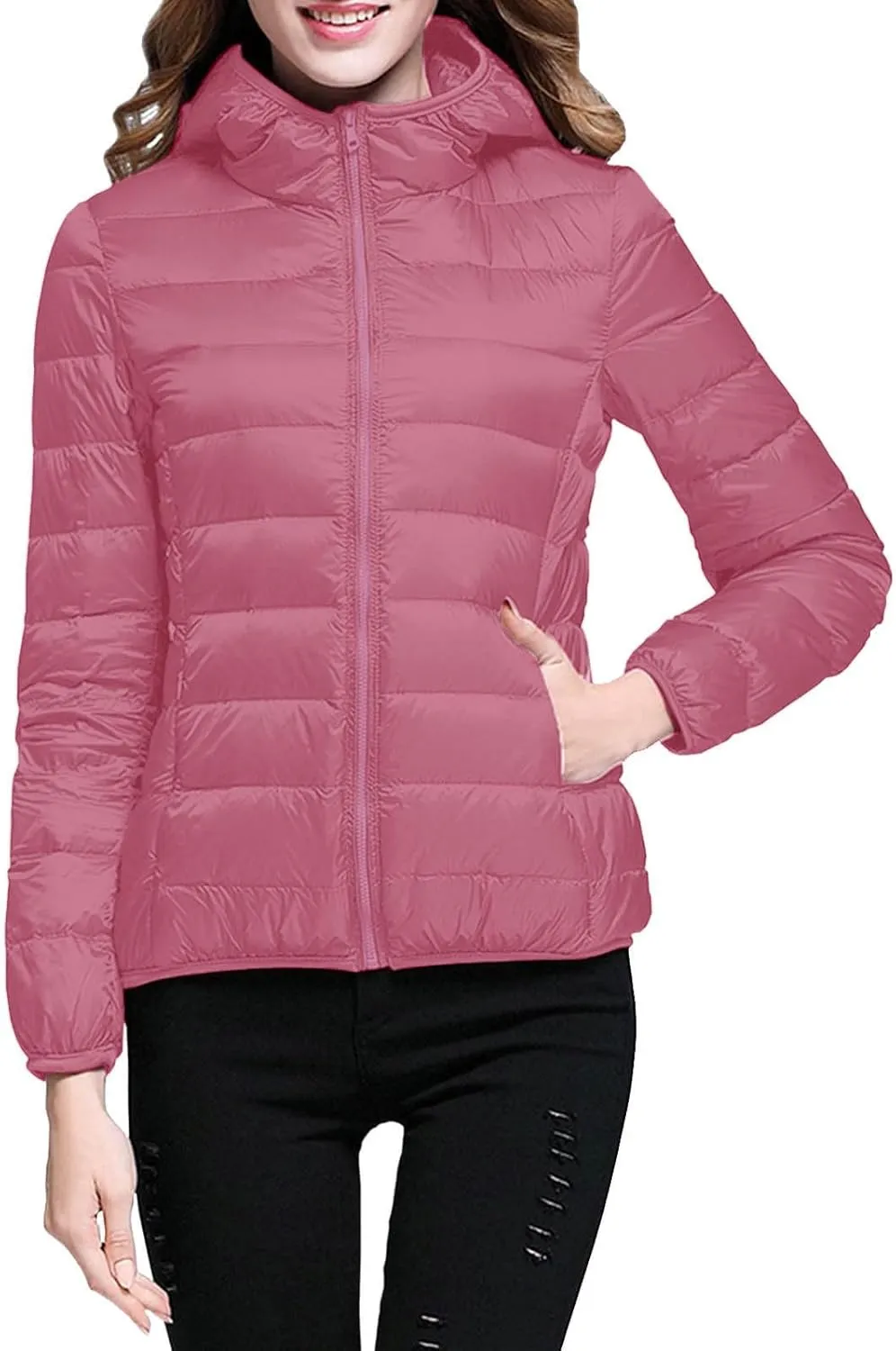 Women's Packable Down Jacket Lightweight Winter Warm Quilted Puffer Coat Fashion Zippered Slim Fit Travel Down Jacket
