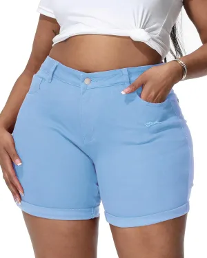 Womens Plus Size Jean Shorts Stretchy Solid Color High Waisted Summer Casual 5.5" Denim Shorts