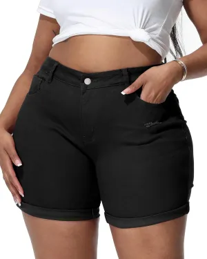 Womens Plus Size Jean Shorts Stretchy Solid Color High Waisted Summer Casual 5.5" Denim Shorts