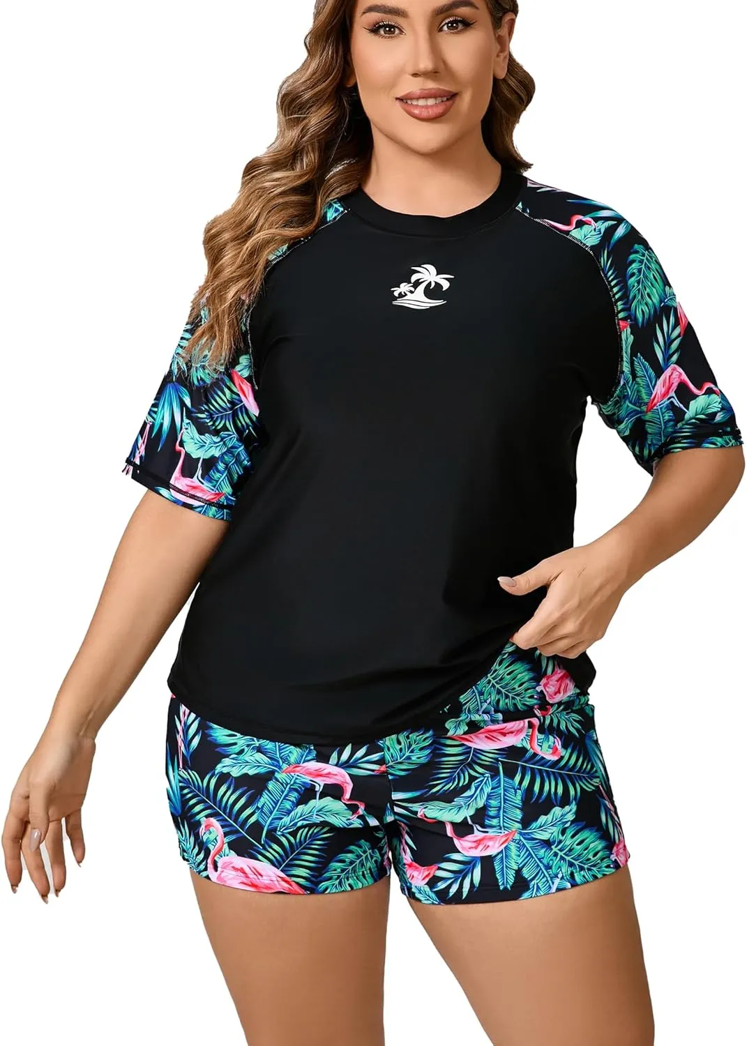 Women's Plus Size Two Piece Short Sleeve Rash Guard Sets with Built in Bra UPF50  Swim Shirt Top and Shorts