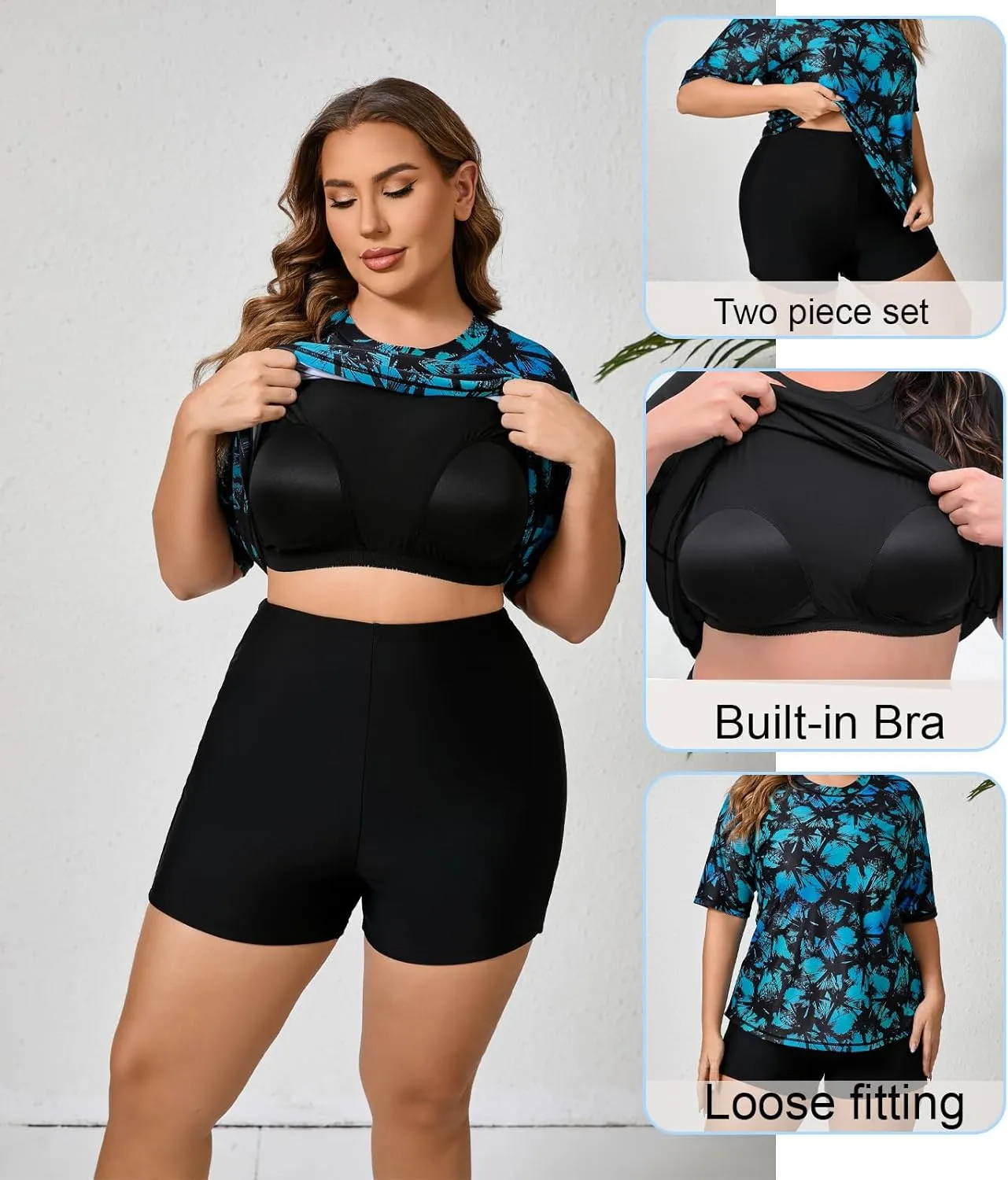 Women's Plus Size Two Piece Short Sleeve Rash Guard Sets with Built in Bra UPF50  Swim Shirt Top and Shorts