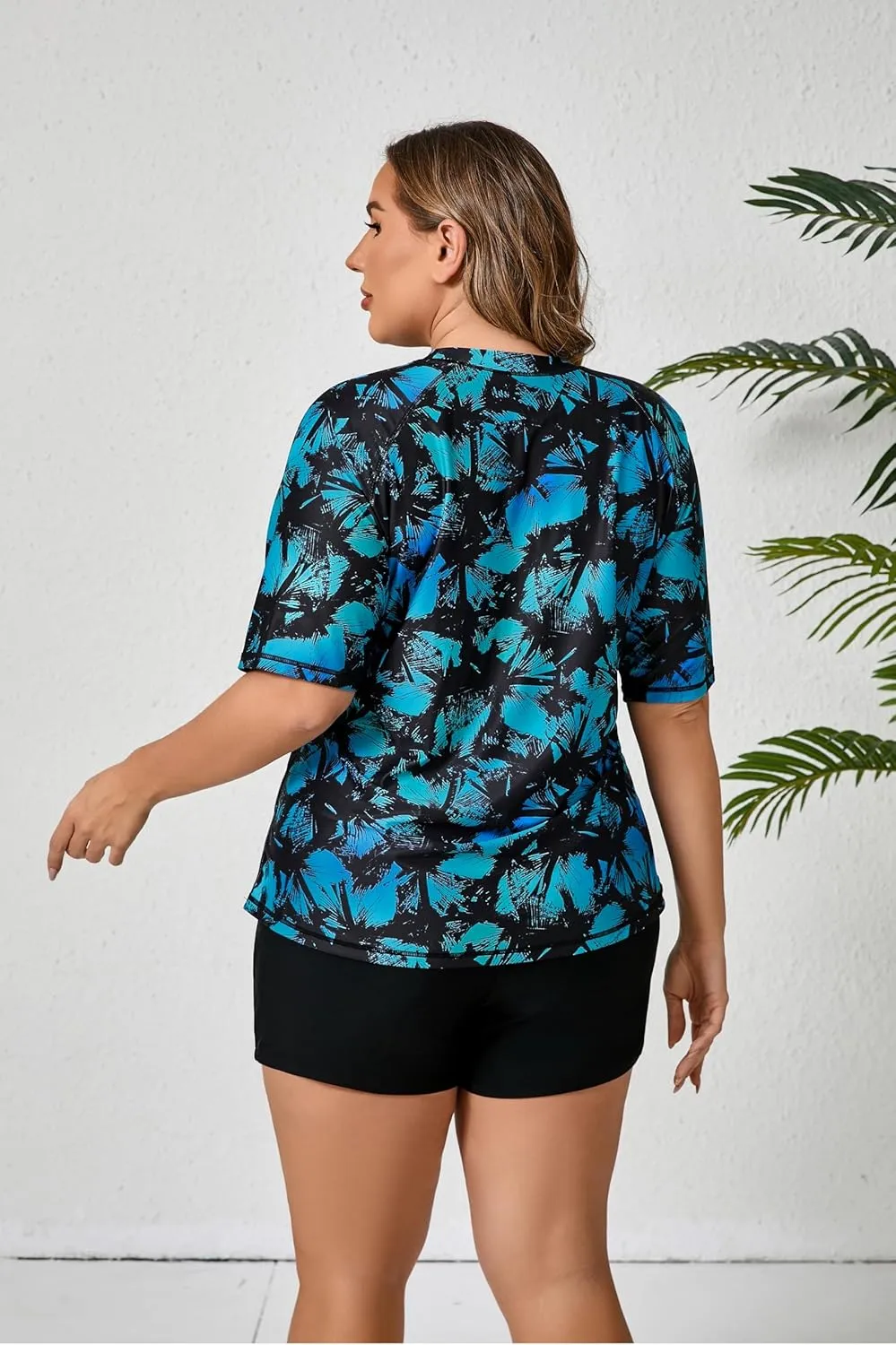 Women's Plus Size Two Piece Short Sleeve Rash Guard Sets with Built in Bra UPF50  Swim Shirt Top and Shorts