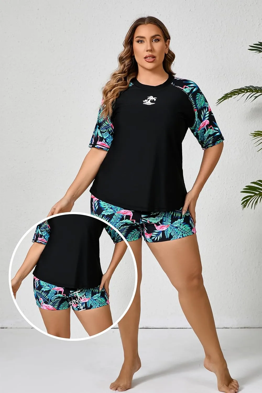 Women's Plus Size Two Piece Short Sleeve Rash Guard Sets with Built in Bra UPF50  Swim Shirt Top and Shorts