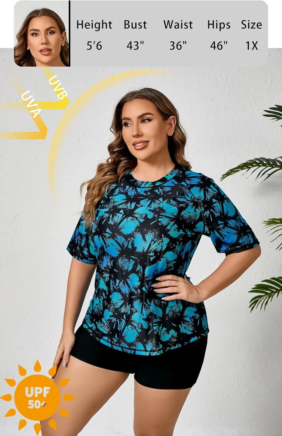 Women's Plus Size Two Piece Short Sleeve Rash Guard Sets with Built in Bra UPF50  Swim Shirt Top and Shorts