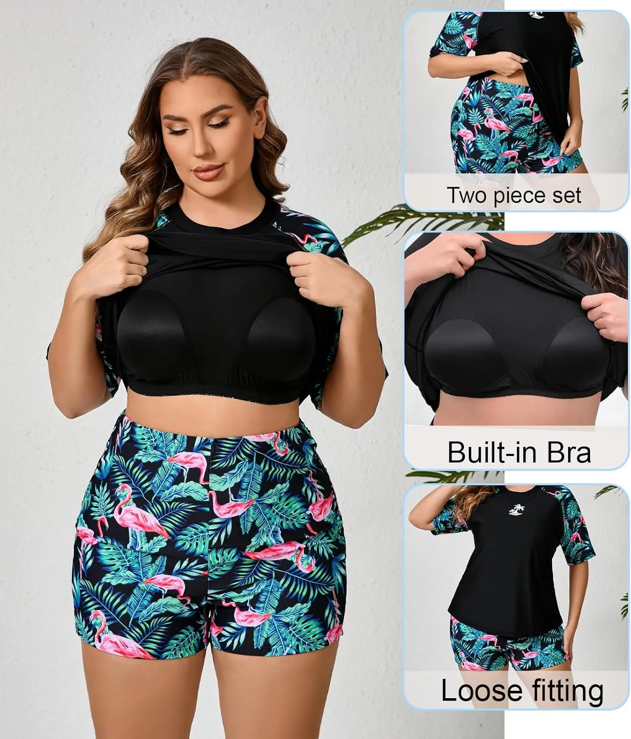 Women's Plus Size Two Piece Short Sleeve Rash Guard Sets with Built in Bra UPF50  Swim Shirt Top and Shorts