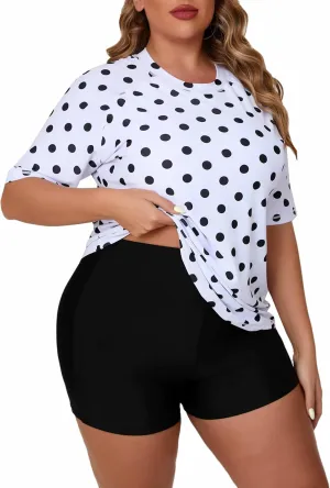 Women's Plus Size Two Piece Short Sleeve Rash Guard Sets with Built in Bra UPF50  Swim Shirt Top and Shorts