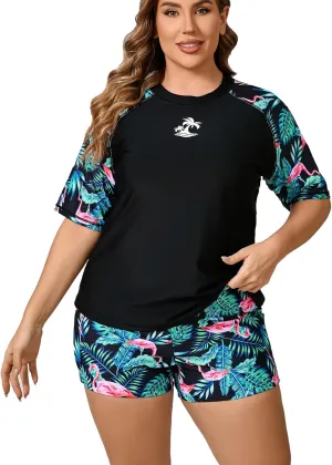 Women's Plus Size Two Piece Short Sleeve Rash Guard Sets with Built in Bra UPF50  Swim Shirt Top and Shorts