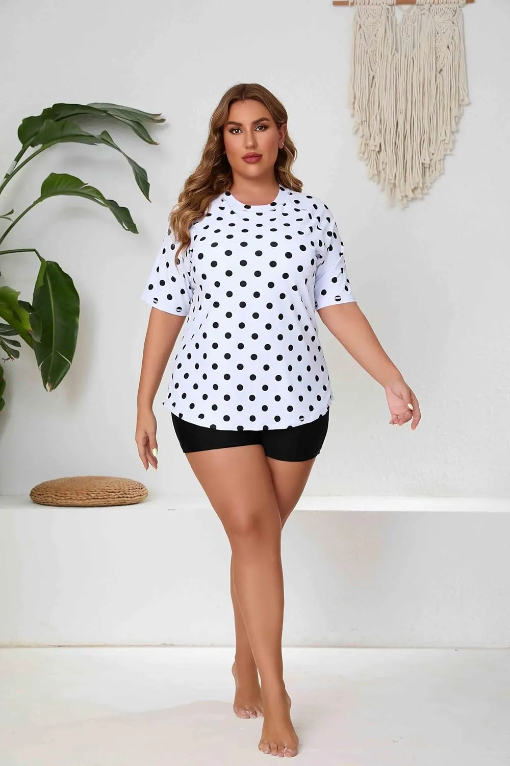 Women's Plus Size Two Piece Short Sleeve Rash Guard Sets with Built in Bra UPF50  Swim Shirt Top and Shorts