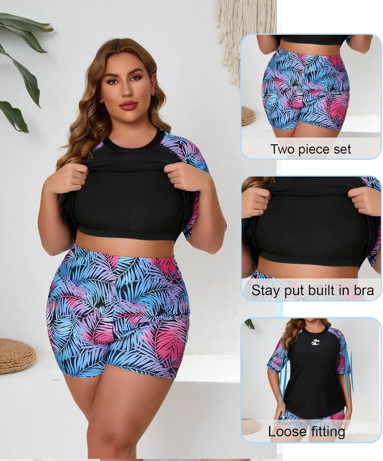 Women's Plus Size Two Piece Short Sleeve Rash Guard Sets with Built in Bra UPF50  Swim Shirt Top and Shorts