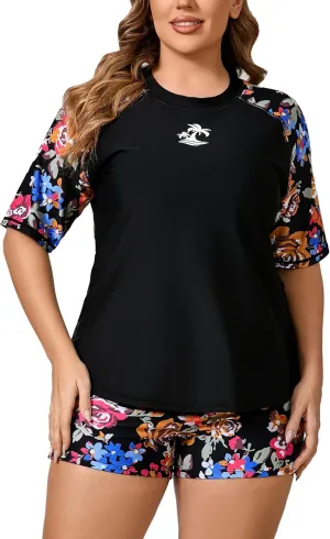 Women's Plus Size Two Piece Short Sleeve Rash Guard Sets with Built in Bra UPF50  Swim Shirt Top and Shorts