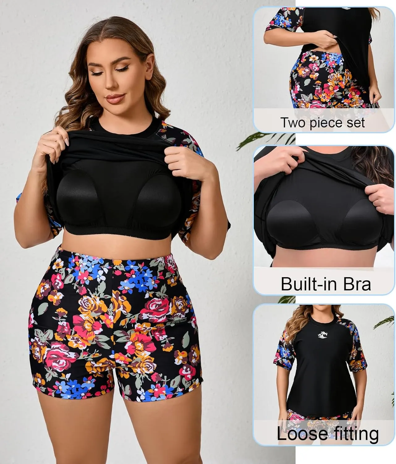 Women's Plus Size Two Piece Short Sleeve Rash Guard Sets with Built in Bra UPF50  Swim Shirt Top and Shorts