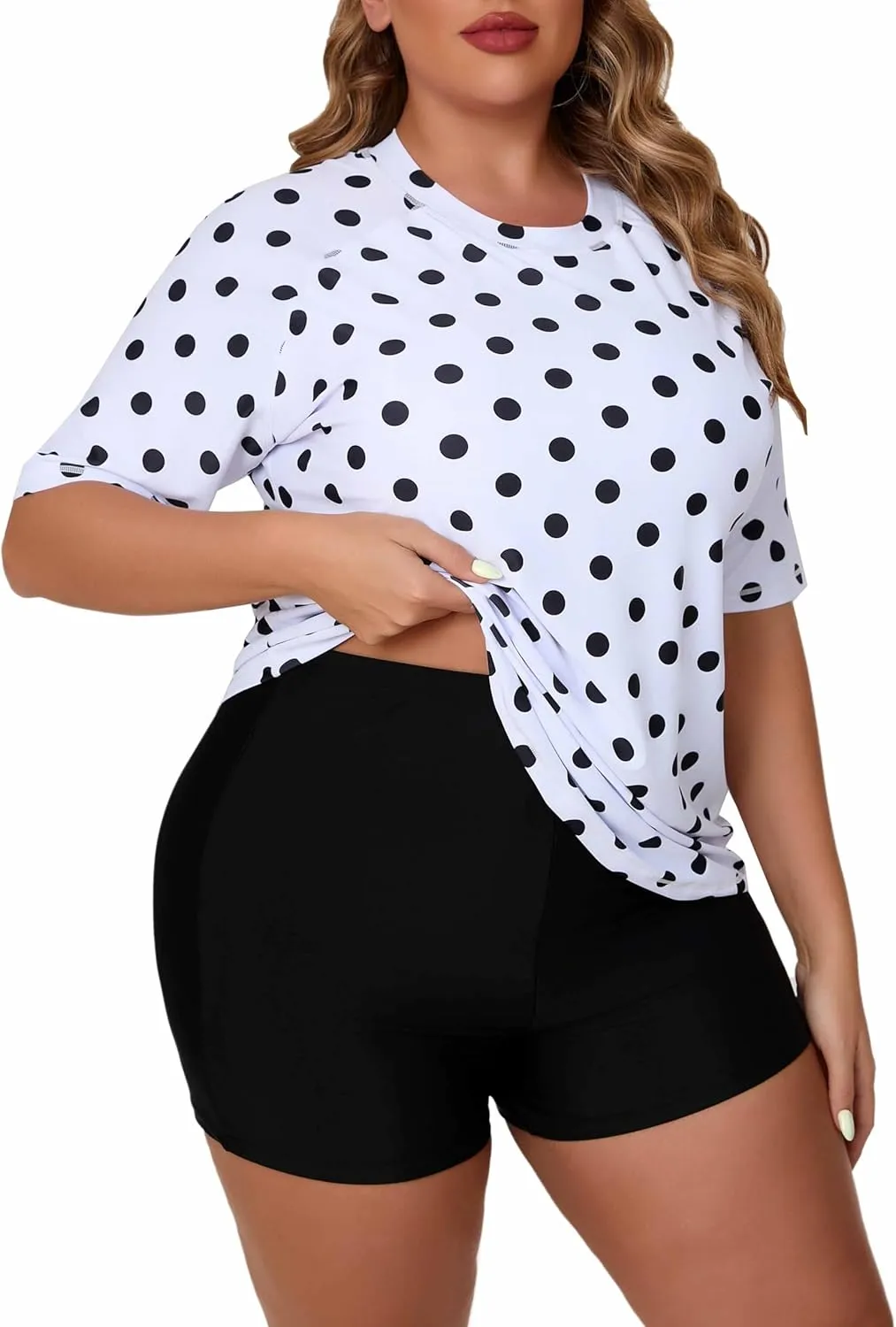 Women's Plus Size Two Piece Short Sleeve Rash Guard Sets with Built in Bra UPF50  Swim Shirt Top and Shorts