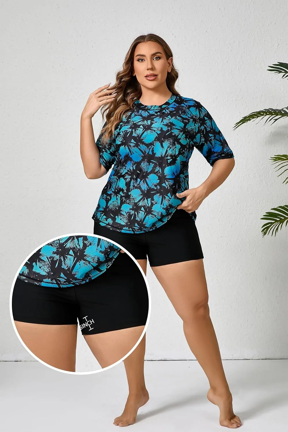 Women's Plus Size Two Piece Short Sleeve Rash Guard Sets with Built in Bra UPF50  Swim Shirt Top and Shorts