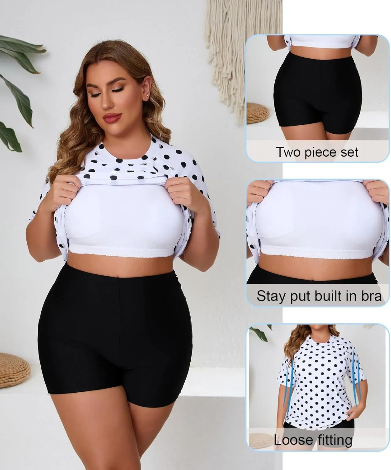 Women's Plus Size Two Piece Short Sleeve Rash Guard Sets with Built in Bra UPF50  Swim Shirt Top and Shorts