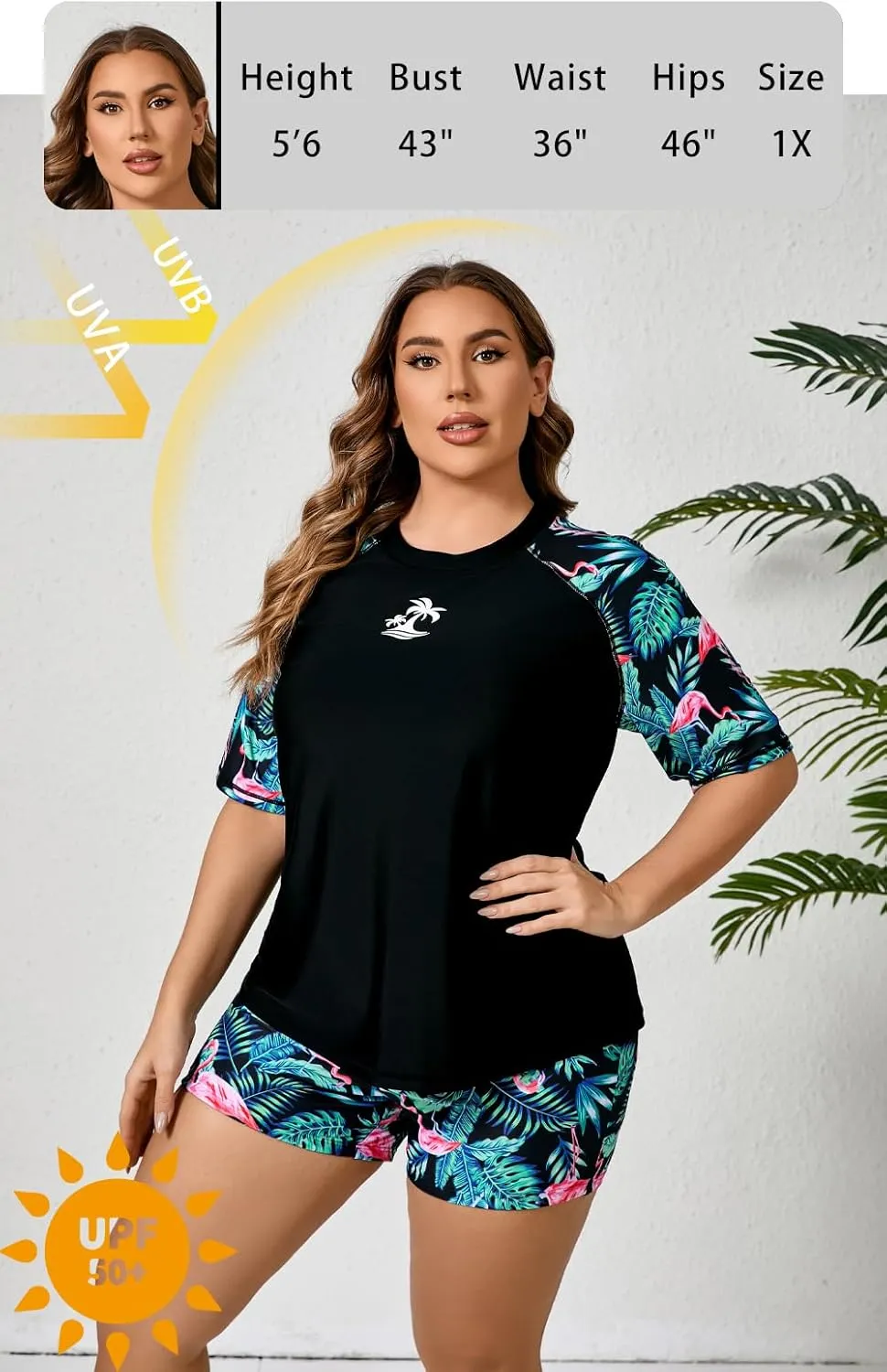 Women's Plus Size Two Piece Short Sleeve Rash Guard Sets with Built in Bra UPF50  Swim Shirt Top and Shorts