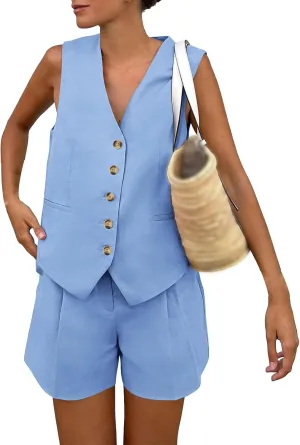Womens Short Suit Sets 2 Piece Blazer Vest and Shorts Set Sleeveless Button Down Vest Waistcoat Business Casual Outfit
