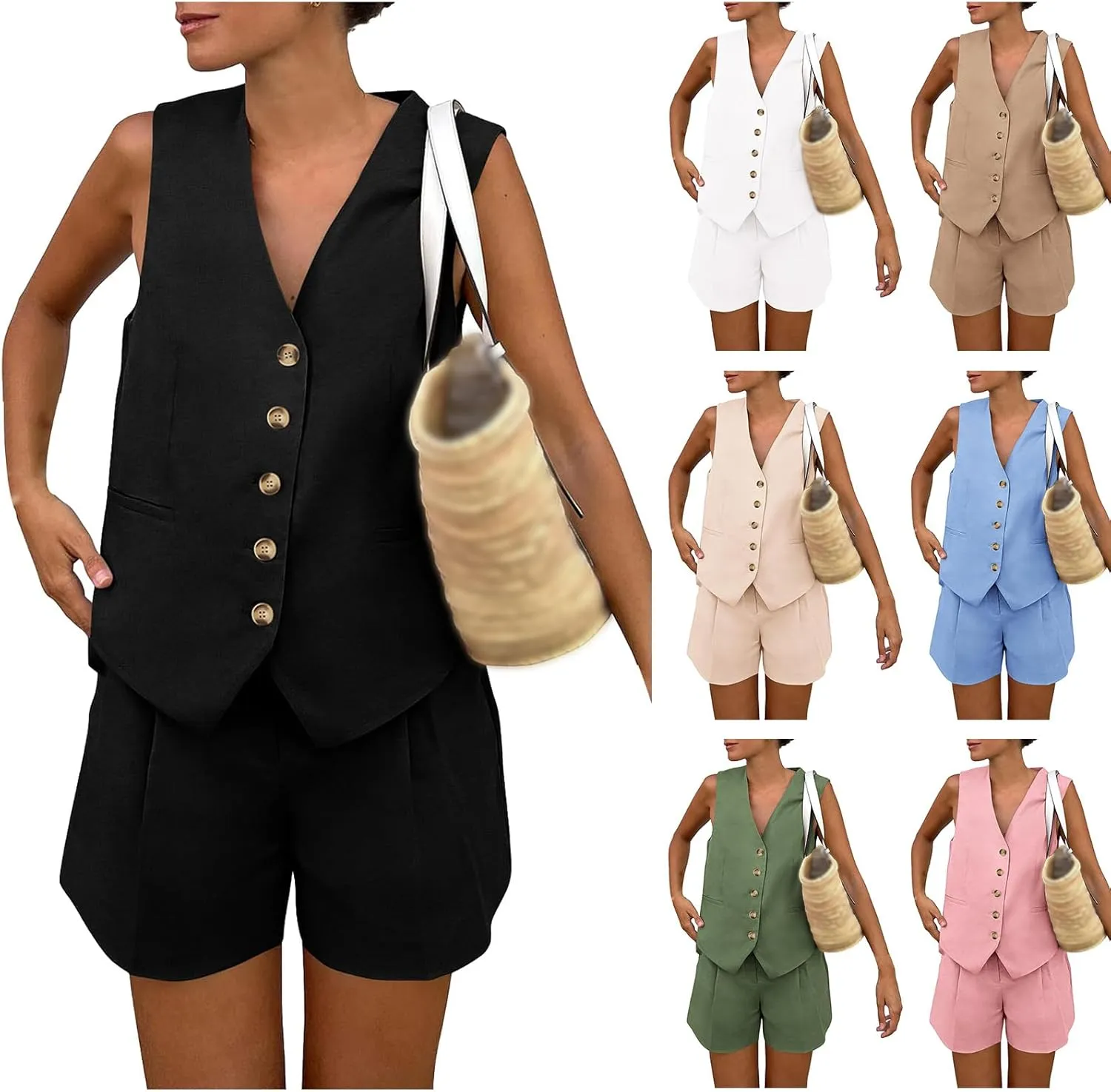 Womens Short Suit Sets 2 Piece Blazer Vest and Shorts Set Sleeveless Button Down Vest Waistcoat Business Casual Outfit