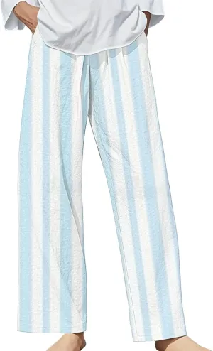 Womens Striped Pants Causal Loose High Waisted Wide Leg Lounge Trousers Straight Palazzo Trousers with Pockets 2025