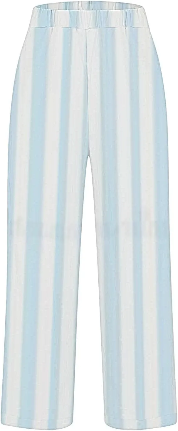 Womens Striped Pants Causal Loose High Waisted Wide Leg Lounge Trousers Straight Palazzo Trousers with Pockets 2025