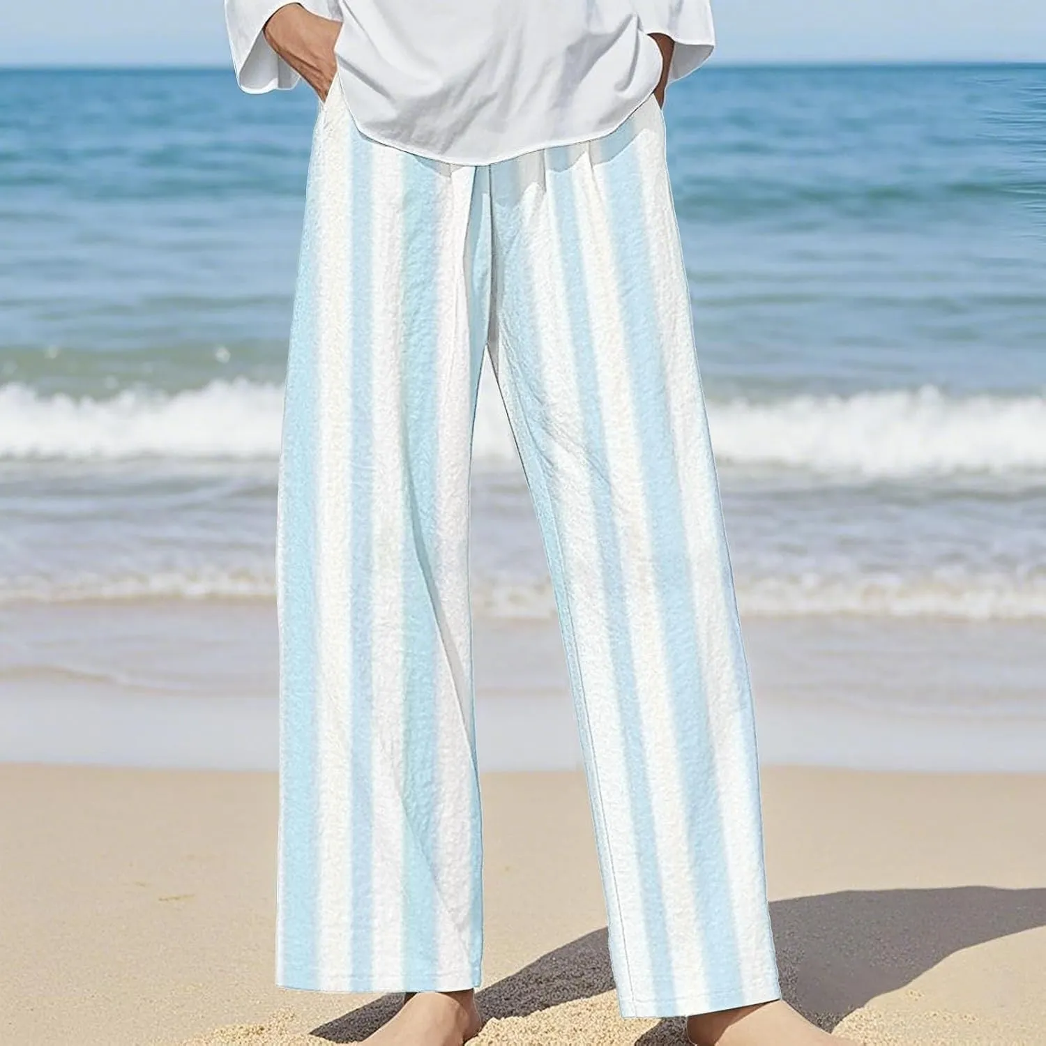 Womens Striped Pants Causal Loose High Waisted Wide Leg Lounge Trousers Straight Palazzo Trousers with Pockets 2025