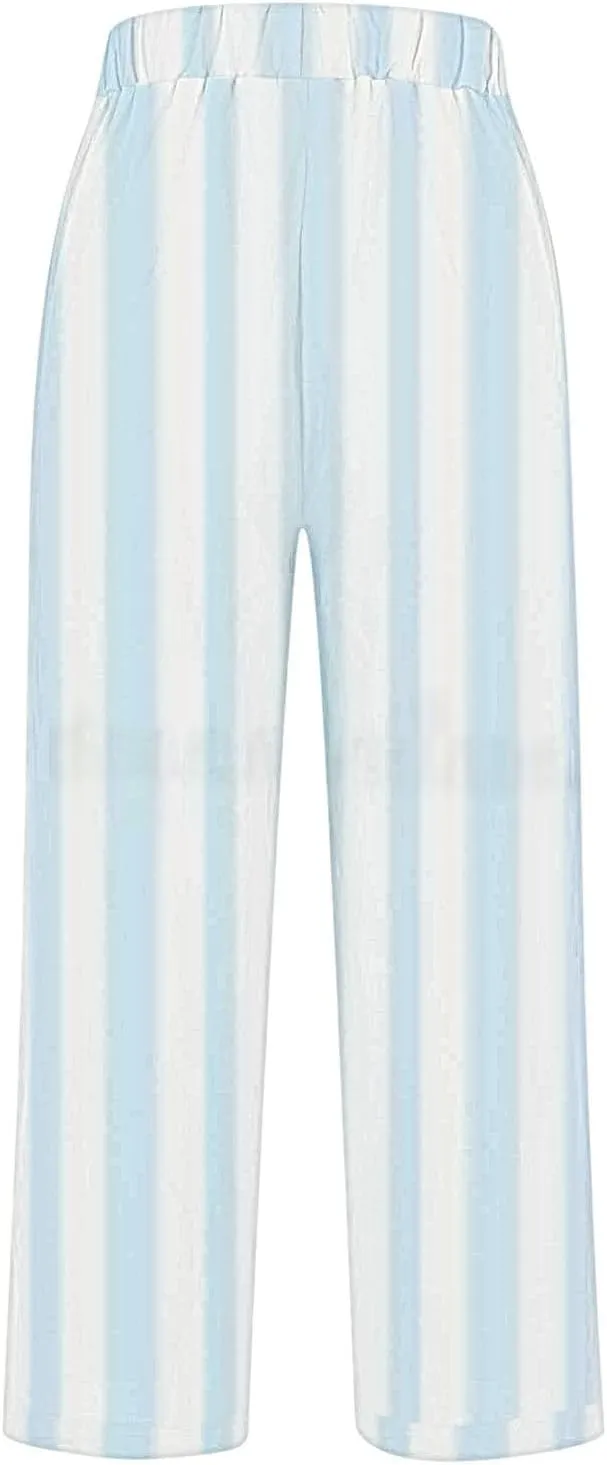 Womens Striped Pants Causal Loose High Waisted Wide Leg Lounge Trousers Straight Palazzo Trousers with Pockets 2025