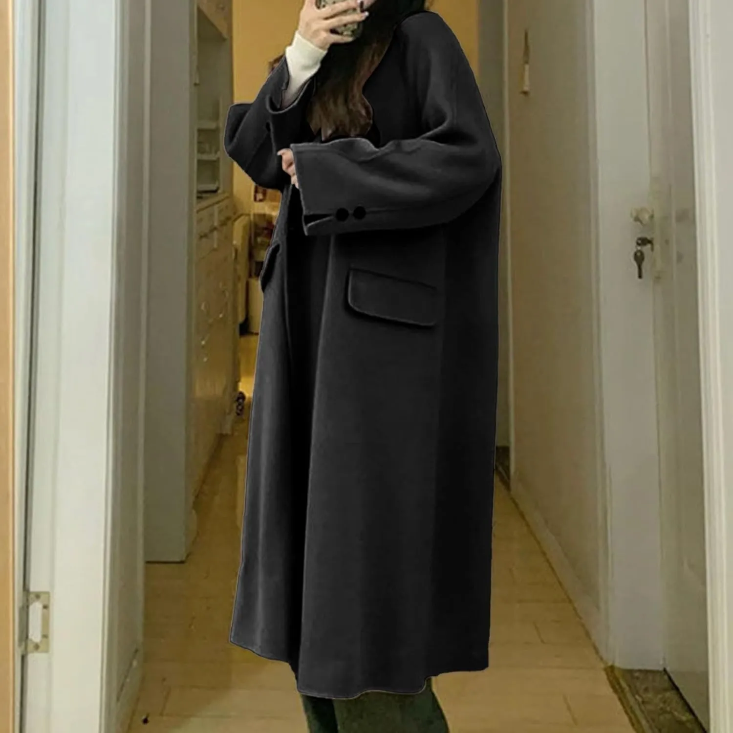 Women's Trench Coat Notch Lapel Double Breasted Wool Blend Mid Length Pea Coats Fashion Jacket Overcoat with Pockets
