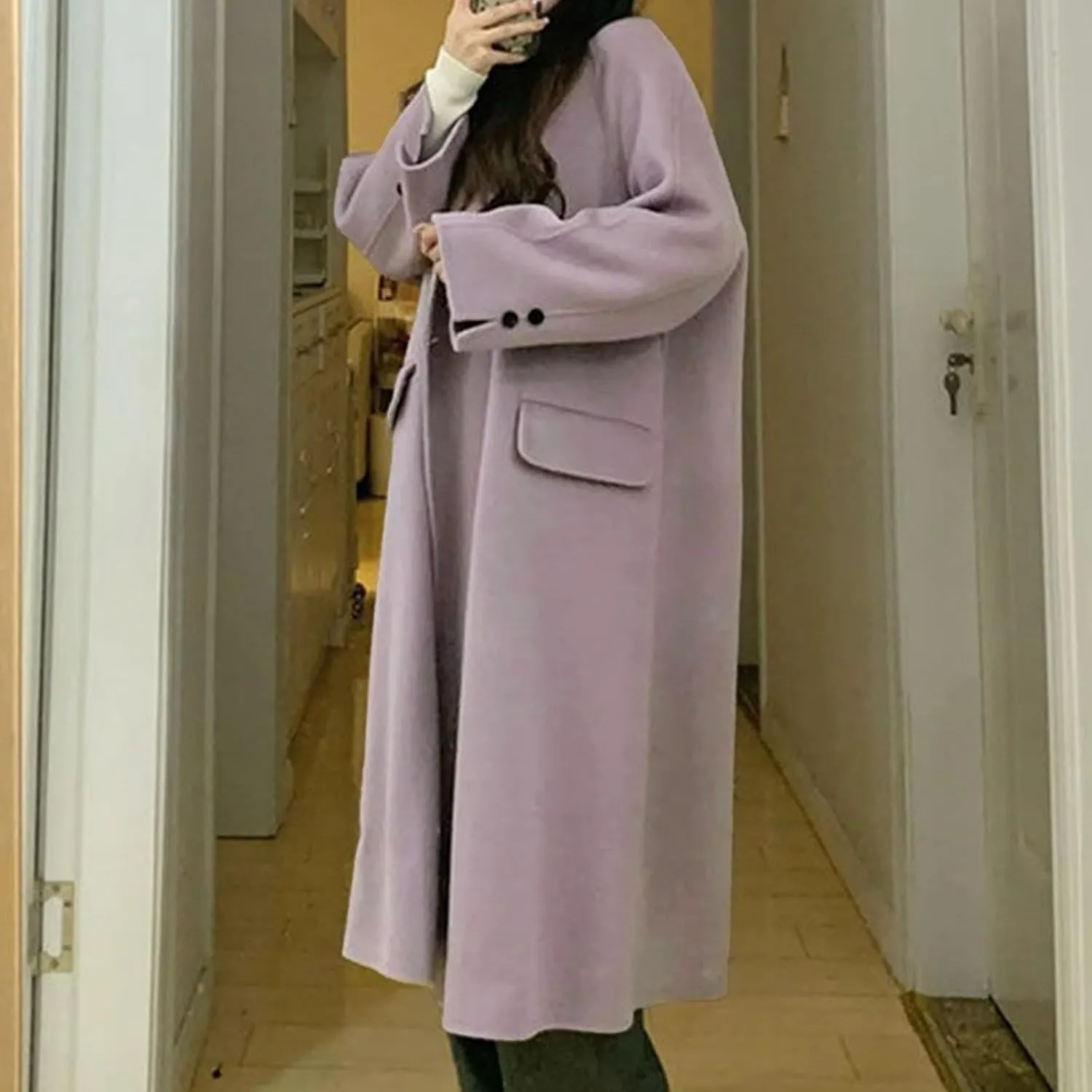 Women's Trench Coat Notch Lapel Double Breasted Wool Blend Mid Length Pea Coats Fashion Jacket Overcoat with Pockets