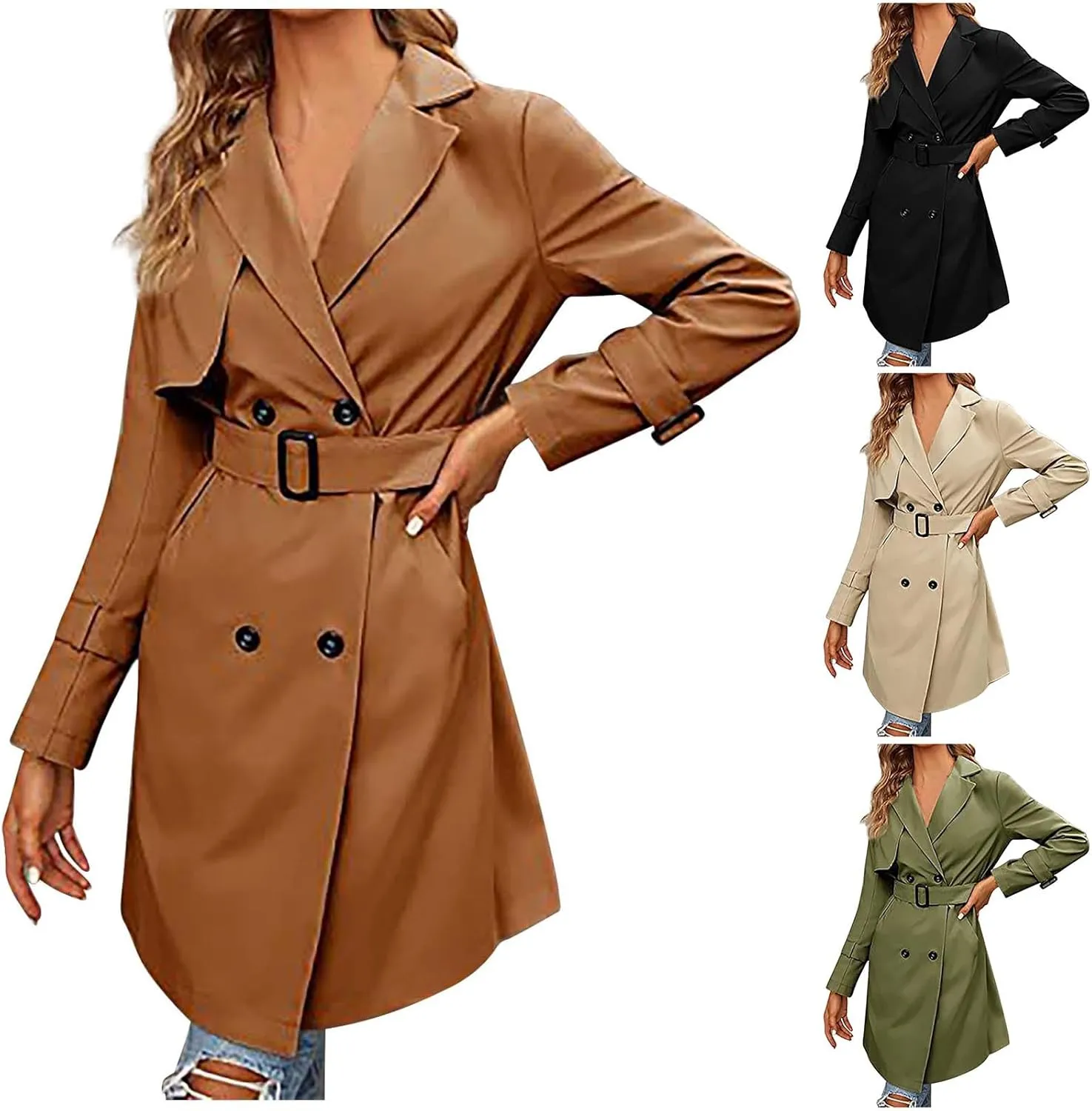 Women's Trench Coats Double Breasted Notch Collar Overcoat Waterproof Classic Windbreaker Long Jackets with Belt