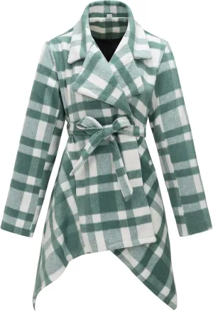 Women's Turn Down Collar Grid Coat Belted Wool Blend Coat Asymmetric Hem Wrap Coat