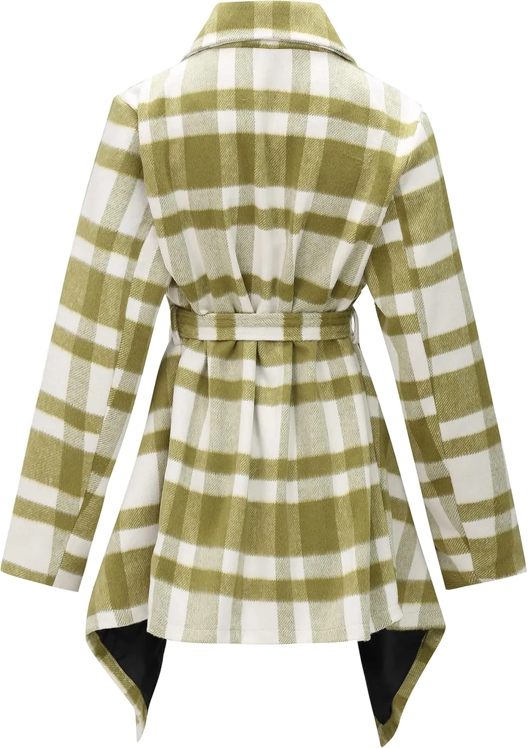 Women's Turn Down Collar Grid Coat Belted Wool Blend Coat Asymmetric Hem Wrap Coat