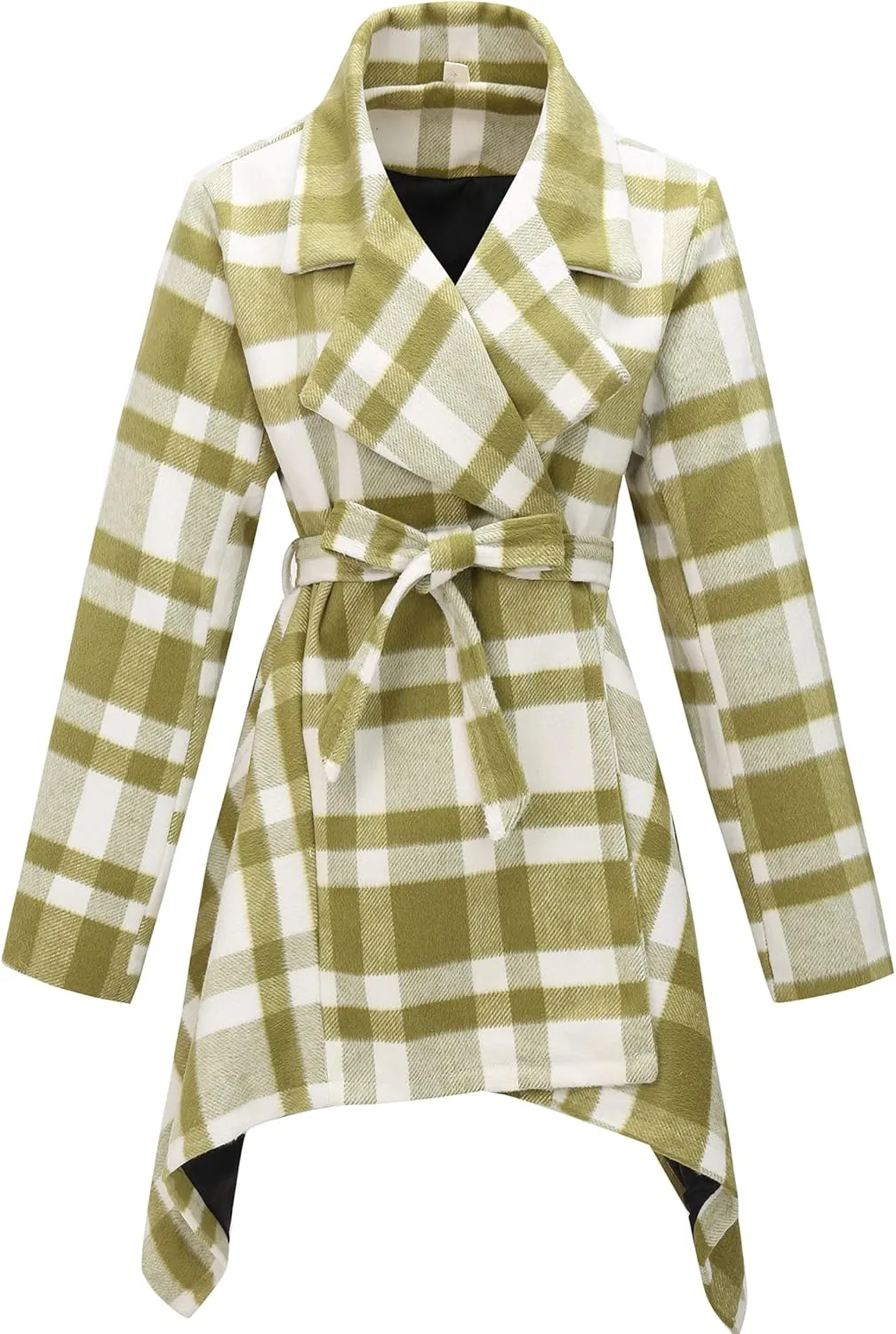 Women's Turn Down Collar Grid Coat Belted Wool Blend Coat Asymmetric Hem Wrap Coat