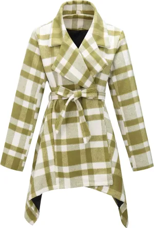 Women's Turn Down Collar Grid Coat Belted Wool Blend Coat Asymmetric Hem Wrap Coat