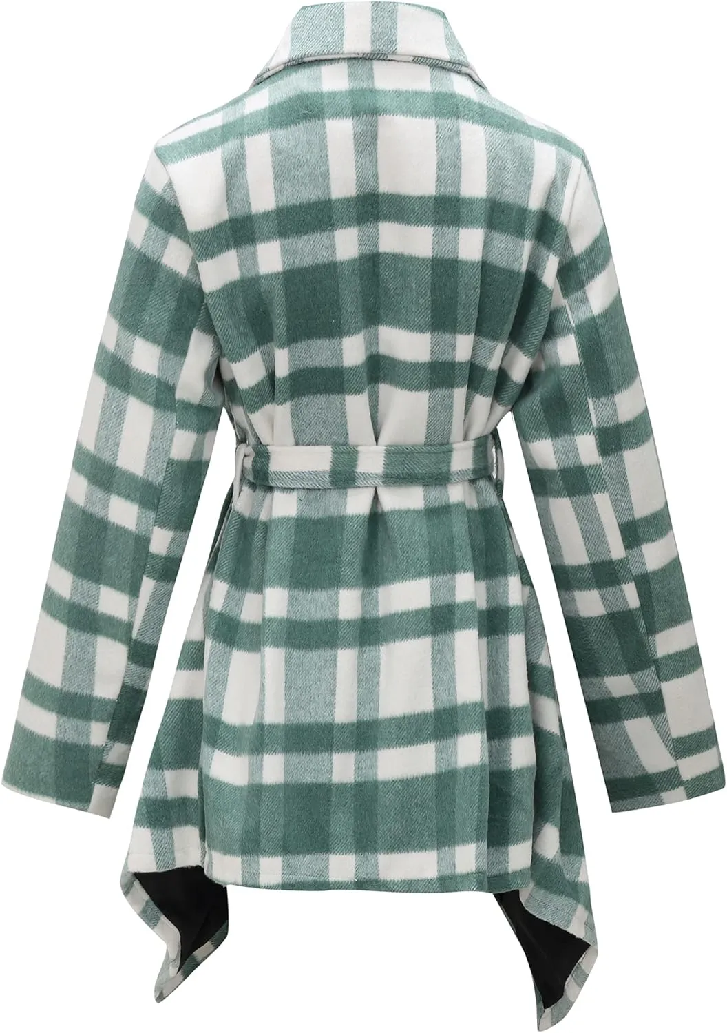 Women's Turn Down Collar Grid Coat Belted Wool Blend Coat Asymmetric Hem Wrap Coat