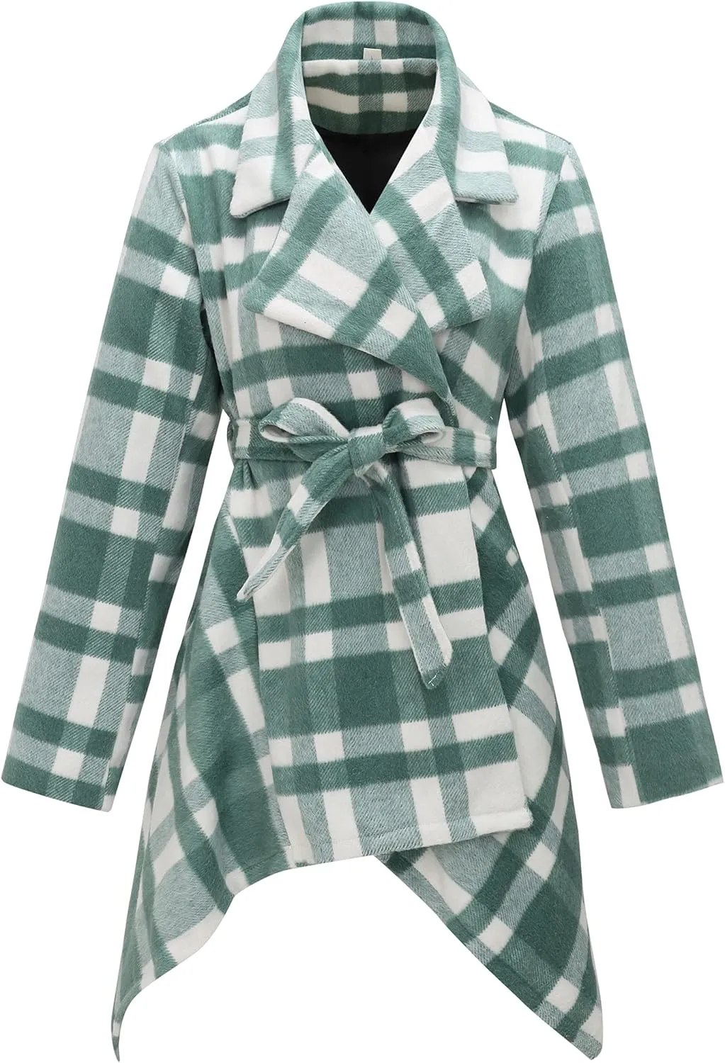 Women's Turn Down Collar Grid Coat Belted Wool Blend Coat Asymmetric Hem Wrap Coat