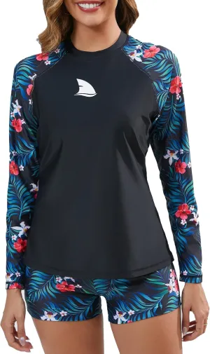 Womens Two Piece Long Sleeve Rash Guard Sets with Built in Bra Swim Shirts and Shorts UPF50  Swimsuit