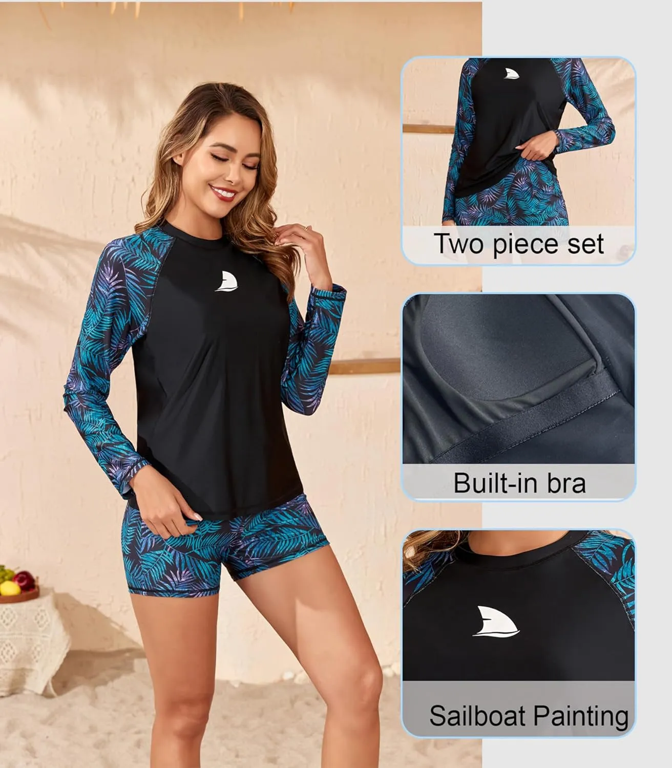 Womens Two Piece Long Sleeve Rash Guard Sets with Built in Bra Swim Shirts and Shorts UPF50  Swimsuit