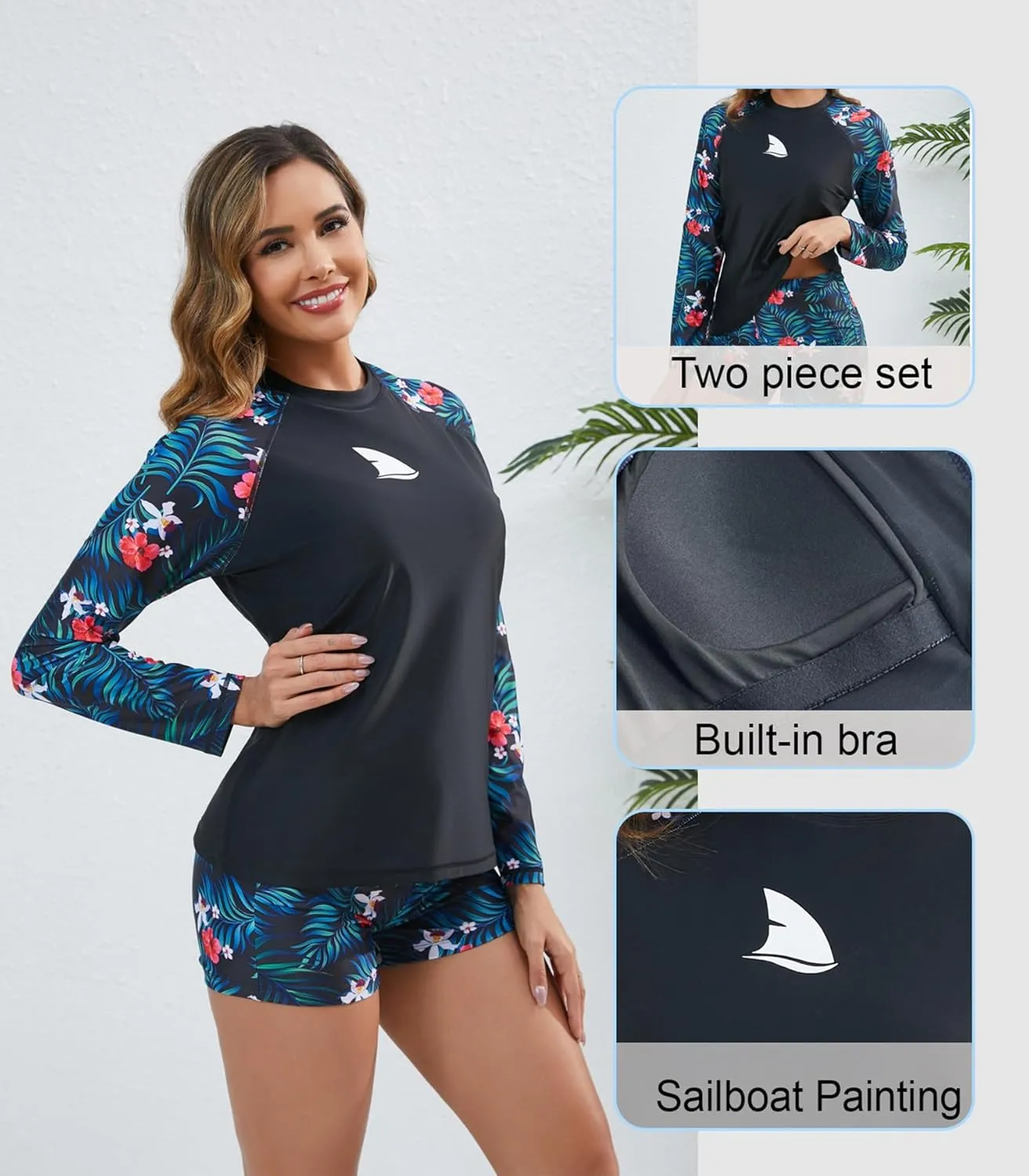 Womens Two Piece Long Sleeve Rash Guard Sets with Built in Bra Swim Shirts and Shorts UPF50  Swimsuit