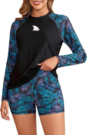 Womens Two Piece Long Sleeve Rash Guard Sets with Built in Bra Swim Shirts and Shorts UPF50  Swimsuit