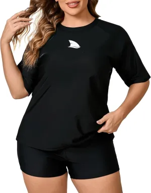 Womens Two Piece Plus Size Short Sleeve Rash Guard Sets Modest Swim Shirts Top and Shorts UPF50  Swimsuit